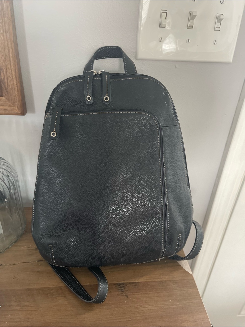 Clarks Black Pebbled Leather Backpack with Contrast Stitching